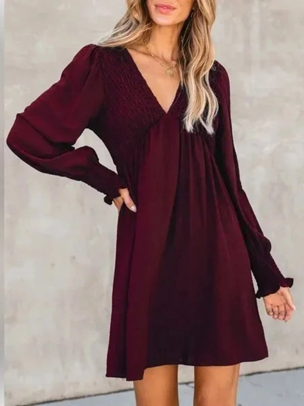 Cupshe Maroon Smocked V-Neck Mini Dress Size XS